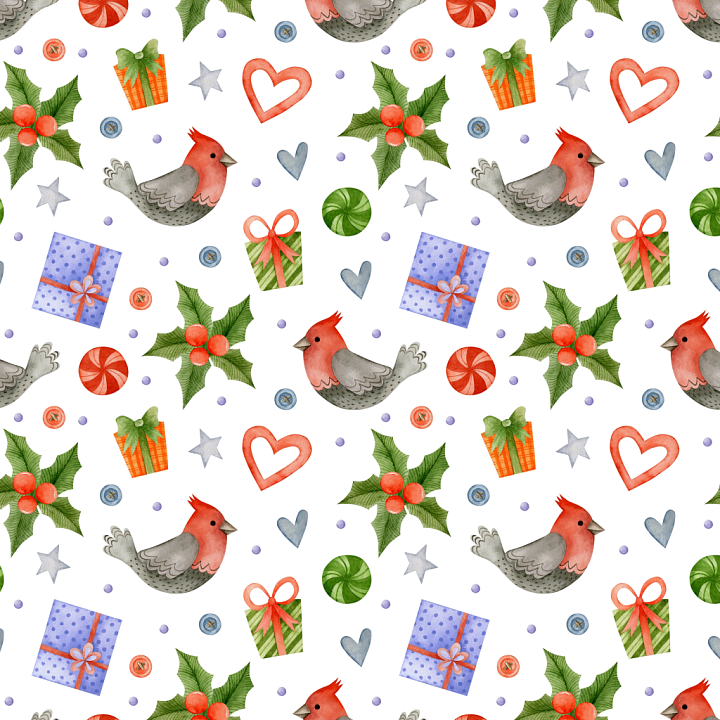 Christmas Watercolor Pattern with Birds and Gifts seamless PBR texture preview