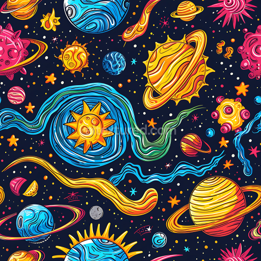 Seamless 3D Cartoon-Style Space PBR Texture Featuring Colorful Planets and Stars