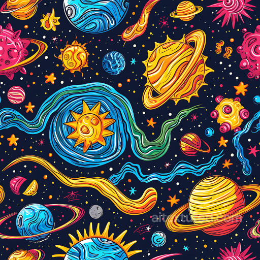Cartoon-Style Space PBR Texture Featuring Colorful Planets and Stars seamless Star, space, planets PBR texture