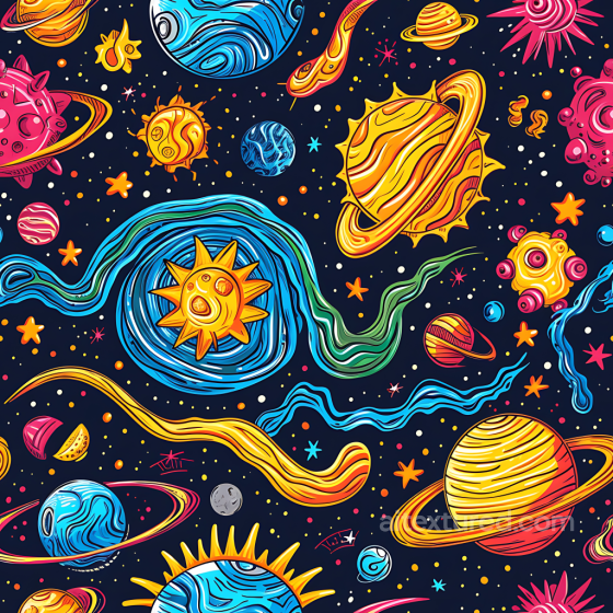 Cartoon-Style Space PBR Texture Featuring Colorful Planets and Stars Star, space, planets texture preview