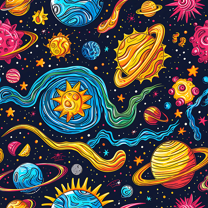 Cartoon-Style Space Featuring Colorful Planets and Stars seamless PBR texture preview