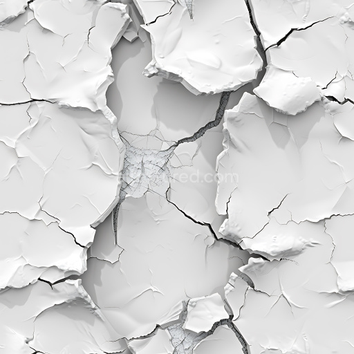 Seamless 3D cracked plaster PBR texture featuring large peeled white flakes