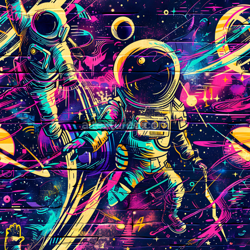 Seamless 3D PBR Graffiti Texture Featuring Vibrant Neon Astronaut Street Art