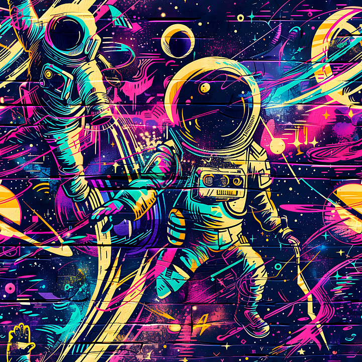 Graffiti Featuring Vibrant Neon Astronaut Street Art seamless PBR texture preview