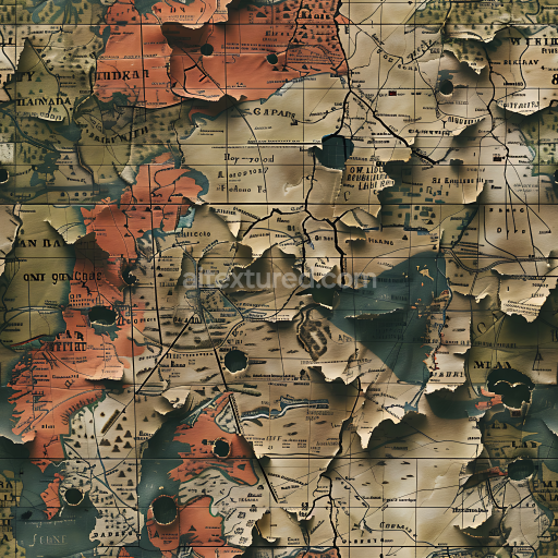 Seamless 3D Vintage Map Camouflage PBR Texture with Aged Paper and Geographic Patterns