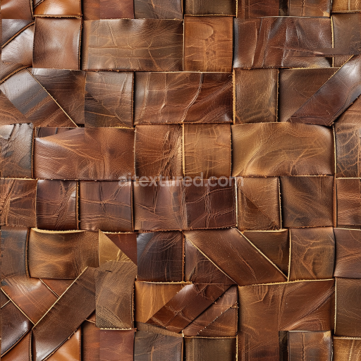 Seamless 3D PBR leather texture showcasing distressed brown patchwork with visible stitching