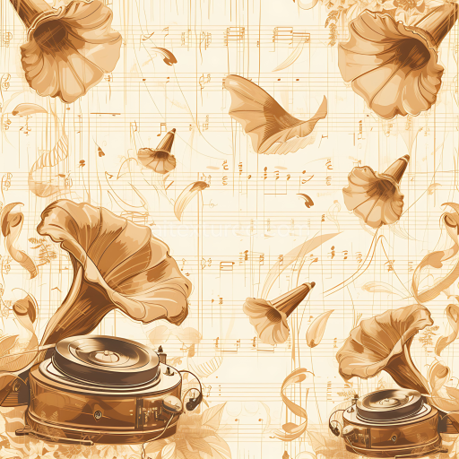 Seamless 3D PBR Texture Featuring Vintage Gramophones and Music Notes on Aged Paper