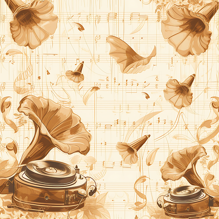 Featuring Vintage Gramophones and Music Notes on Aged Paper seamless PBR texture preview