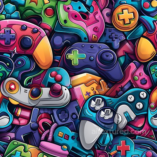 Seamless 3D PBR Texture Featuring Vibrant Graffiti-Style Gamepad Artwork texture preview