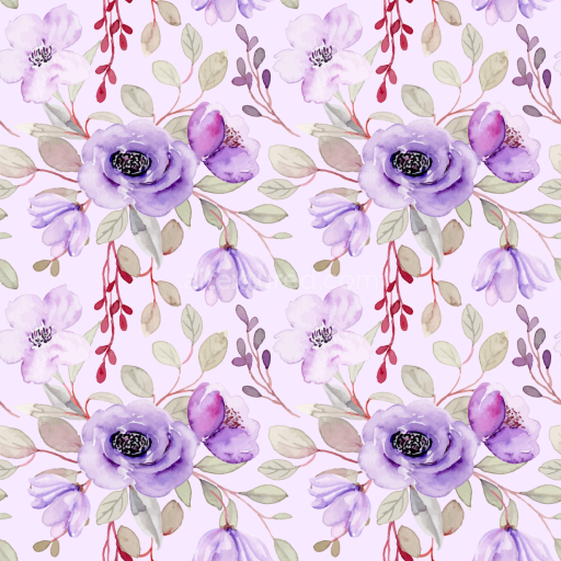 Seamless 3D PBR Texture of Purple Flower Watercolor Pattern on Fabric