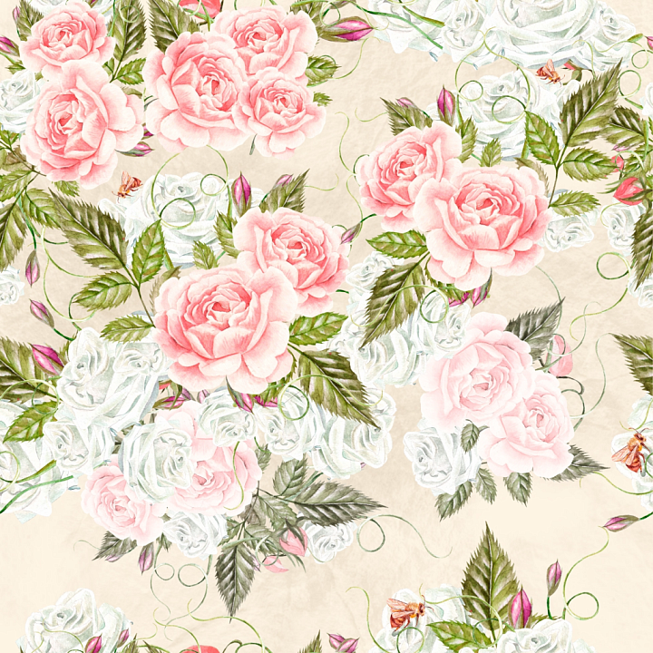 Floral Fabric Featuring Pink and White Roses with Green Leaves seamless PBR texture preview