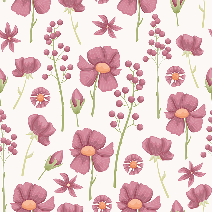 Featuring Soft Pink Floral Pattern with Green Stems seamless PBR texture preview