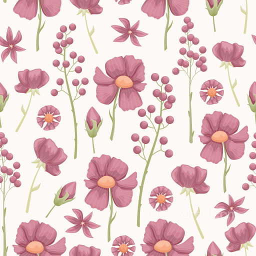 Floral Texture with Pink Flowers and Green Stems seamless Floral PBR texture