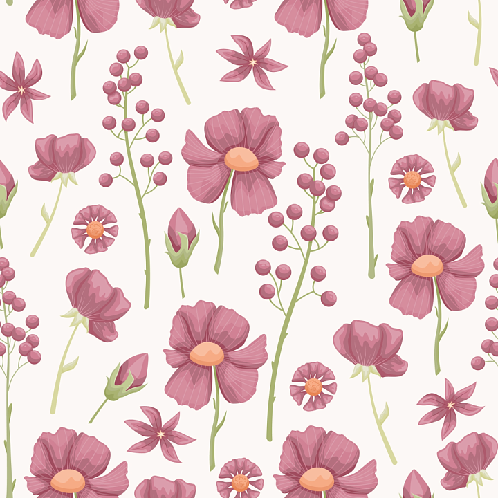 Floral with Pink Flowers and Green Stems seamless PBR texture preview