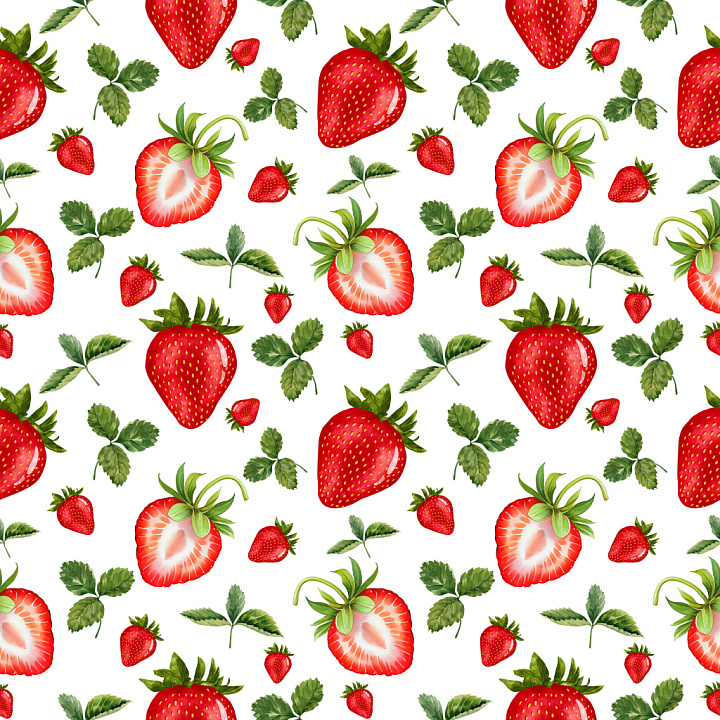 Pattern with Hand-Painted Strawberry and Leaf Motifs seamless PBR texture preview