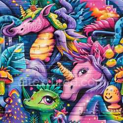 seamless Seamless 3D PBR Texture Featuring Vibrant Fantasy Graffiti Murals on Brick texture 8k free download PBR