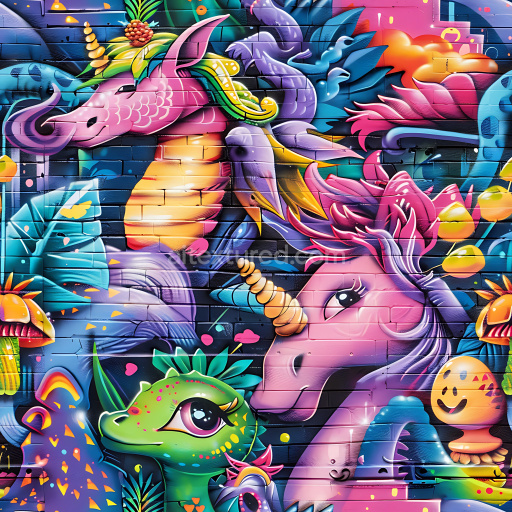 Seamless 3D PBR Texture Featuring Vibrant Fantasy Graffiti Murals on Brick