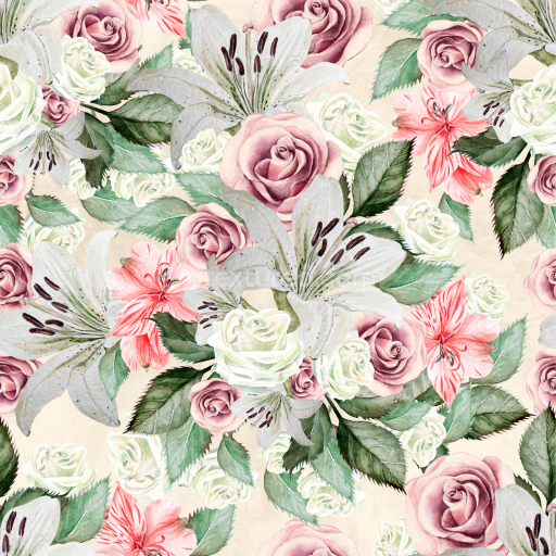 Seamless 3D PBR Floral Fabric Texture Featuring Roses and Lilies in Soft Pastels