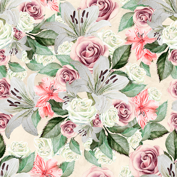 Floral Fabric Featuring Roses and Lilies in Soft Pastels seamless PBR texture preview