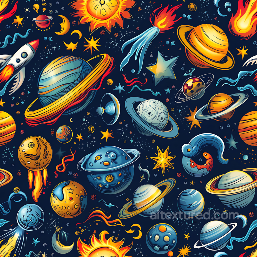 Space PBR Texture Featuring Cartoon Planets, Stars, and Rockets seamless Star, space, planets PBR texture