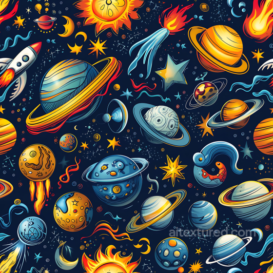 Space PBR Texture Featuring Cartoon Planets, Stars, and Rockets Star, space, planets texture preview