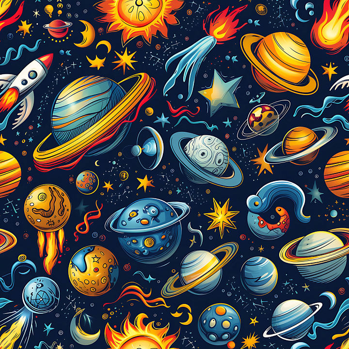 Space Featuring Cartoon Planets, Stars, and Rockets seamless PBR texture preview