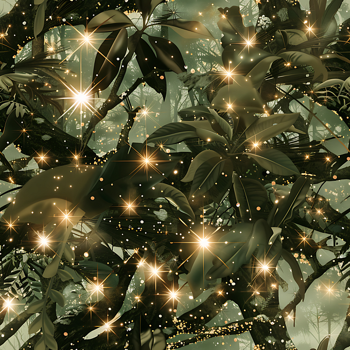 Jungle Camouflage with Dark Green Foliage and Golden Sparkle Highlights seamless PBR texture preview