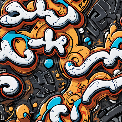 Seamless 3D PBR Texture Featuring Bold White and Orange Graffiti with Abstract Urban Motifs