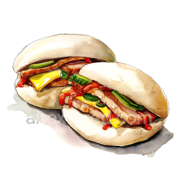seamless Breakfast Bao Buns with Pork Belly and Fresh Veggies Watercolor Illustration texture 8k free download PBR