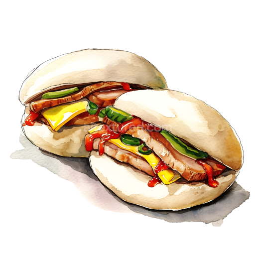 Breakfast Bao Buns with Pork Belly and Fresh Veggies Watercolor Illustration