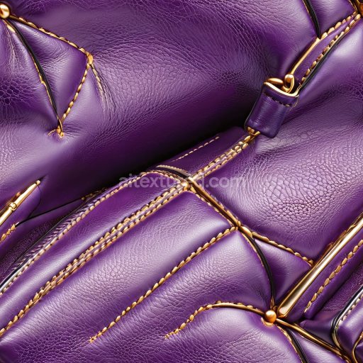 Seamless 3D purple pebbled leather PBR texture with gold stitching and padded panels