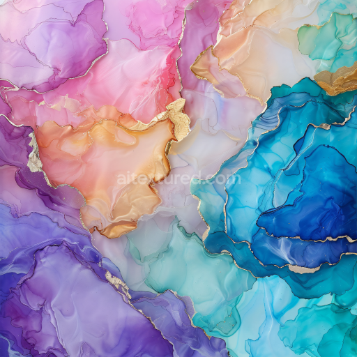 Seamless 3D Alcohol Ink PBR Texture Featuring Multicolor Fluid Swirls with Gold Veining