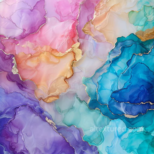 Alcohol Ink PBR Texture Featuring Multicolor Fluid Swirls with Gold Veining seamless Alcohol ink PBR texture