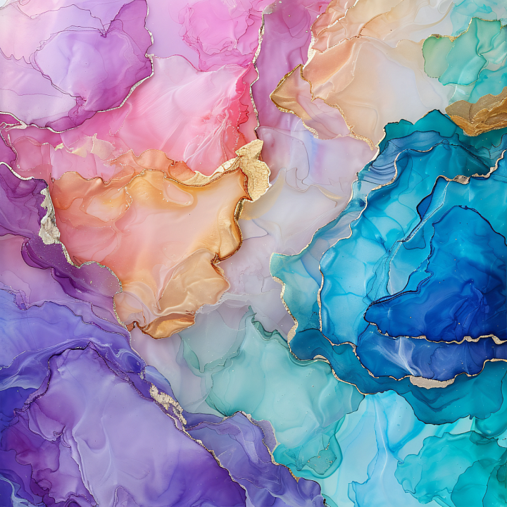 Alcohol Ink Featuring Multicolor Fluid Swirls with Gold Veining seamless PBR texture preview