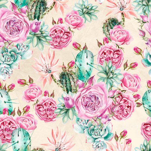 Flower Texture of Watercolor Pink Roses, Succulents, and Cacti seamless Flower  PBR texture