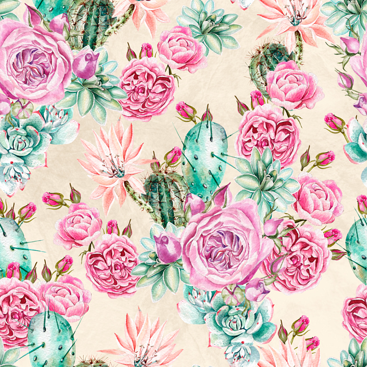 Flower of Watercolor Pink Roses, Succulents, and Cacti seamless PBR texture preview