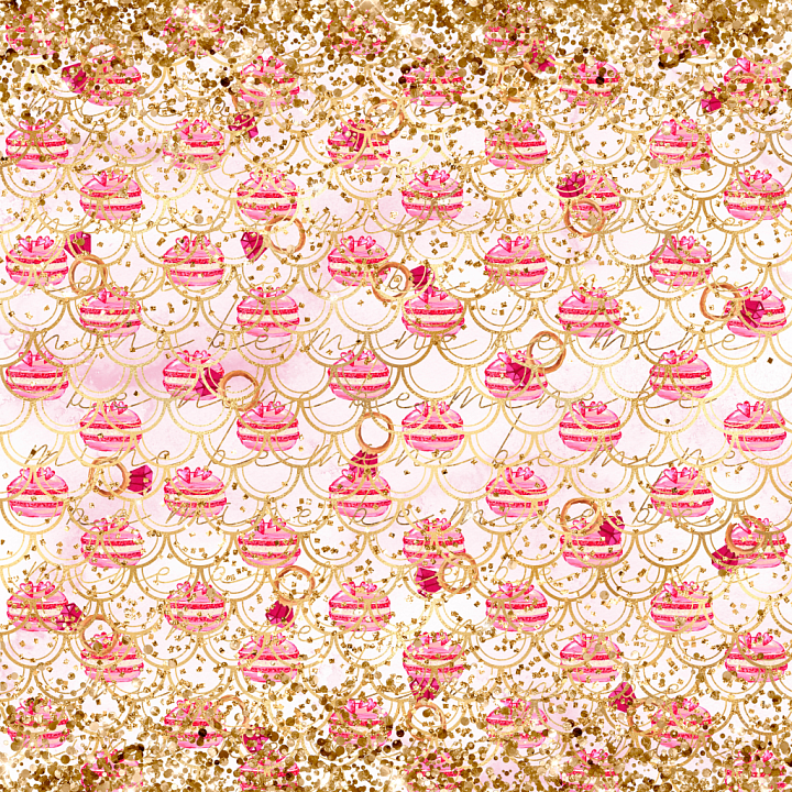 Christmas Digital Paper with Pink Ornaments & Gold Glitter seamless PBR texture preview