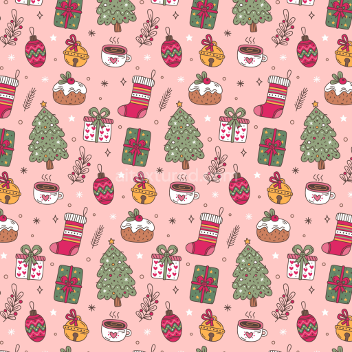 Seamless 3D PBR Christmas Digital Paper Texture with Cozy Holiday Icons on Pink