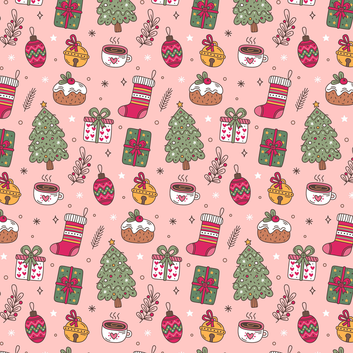 Christmas Digital Paper with Cozy Holiday Icons on Pink seamless PBR texture preview