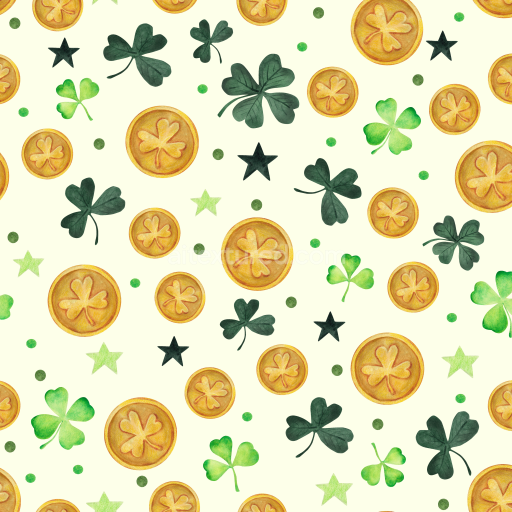 Seamless 3D PBR Texture Featuring St Patrick Shamrocks and Gold Coins