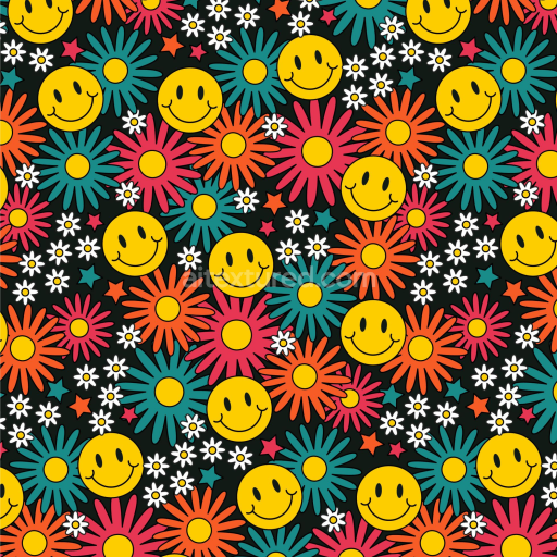 Seamless 3D PBR texture with colorful happy face and flower pattern