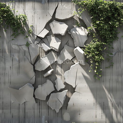Seamless 3D Cracked and Holed Plaster Wall PBR Texture with Natural Greenery