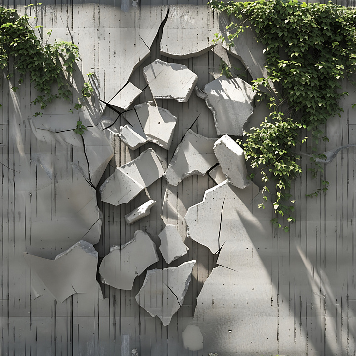 Cracked and Holed Plaster Wall with Natural Greenery seamless PBR texture preview