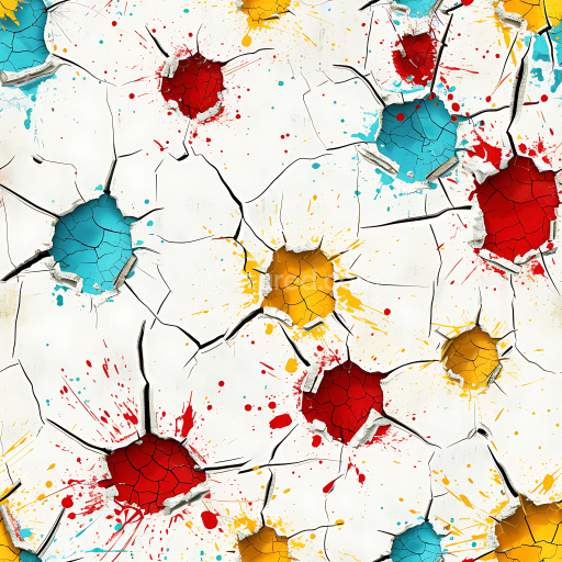 Seamless 3D cracked paint PBR texture featuring vibrant red, blue, and yellow holes with splattered details