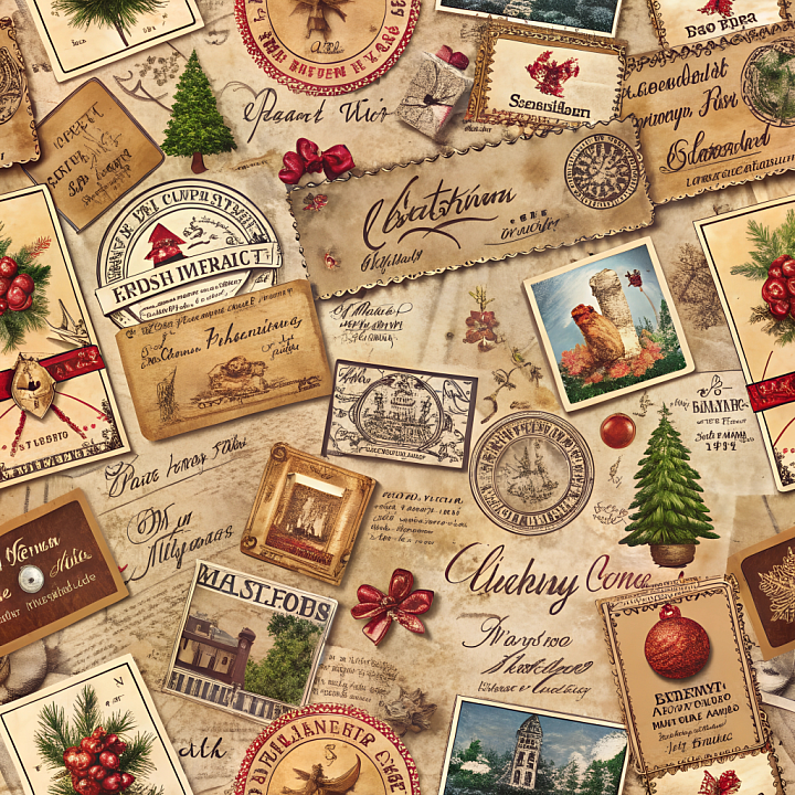 Christmas Vintage of Vintage Christmas Paper with Postcard Collage seamless PBR texture preview