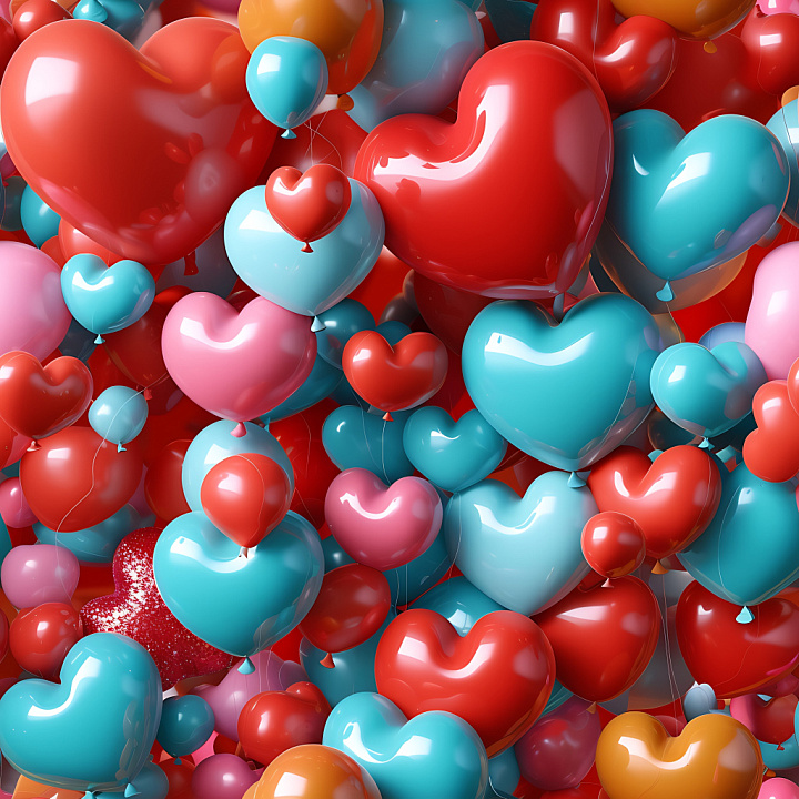 Inflated of Glossy Heart-Shaped Balloons in Red, Blue, and Pink seamless PBR texture preview
