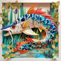 seamless Seamless 3D PBR Texture of Origami-Style Barracuda Fish Scales with Vibrant Blues and Oranges texture 8k free download PBR