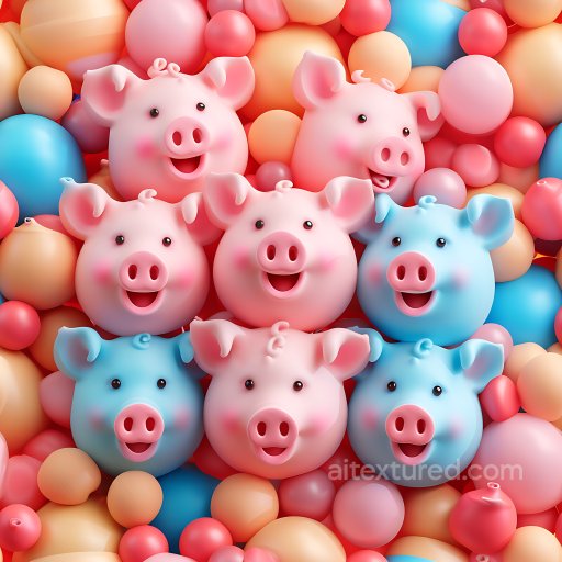 Inflated PBR Texture of Colorful Balloon Piggy Faces with Round Balloons seamless Inflated PBR texture
