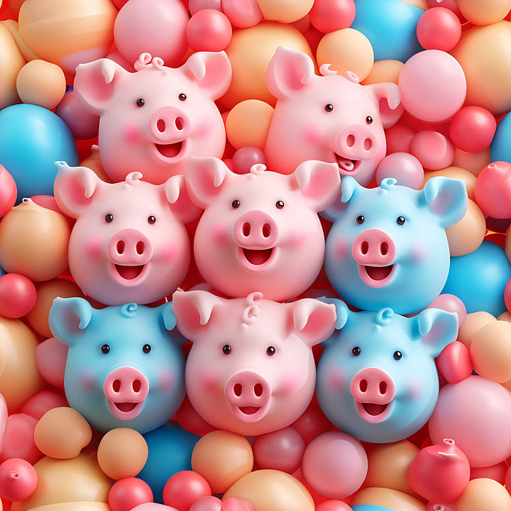 Inflated of Colorful Balloon Piggy Faces with Round Balloons seamless PBR texture preview