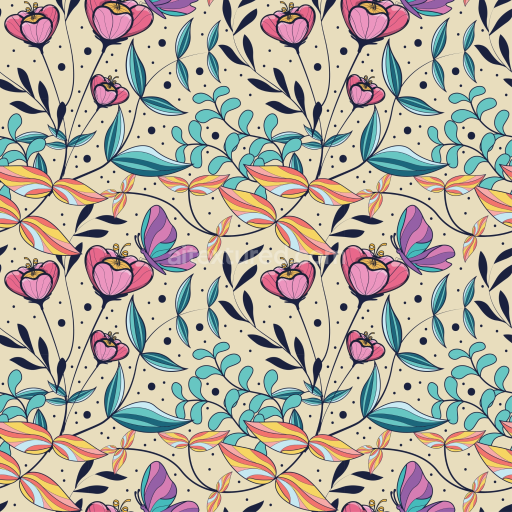 Seamless 3D PBR Floral Fabric Texture Featuring Colorful Leaves and Butterflies